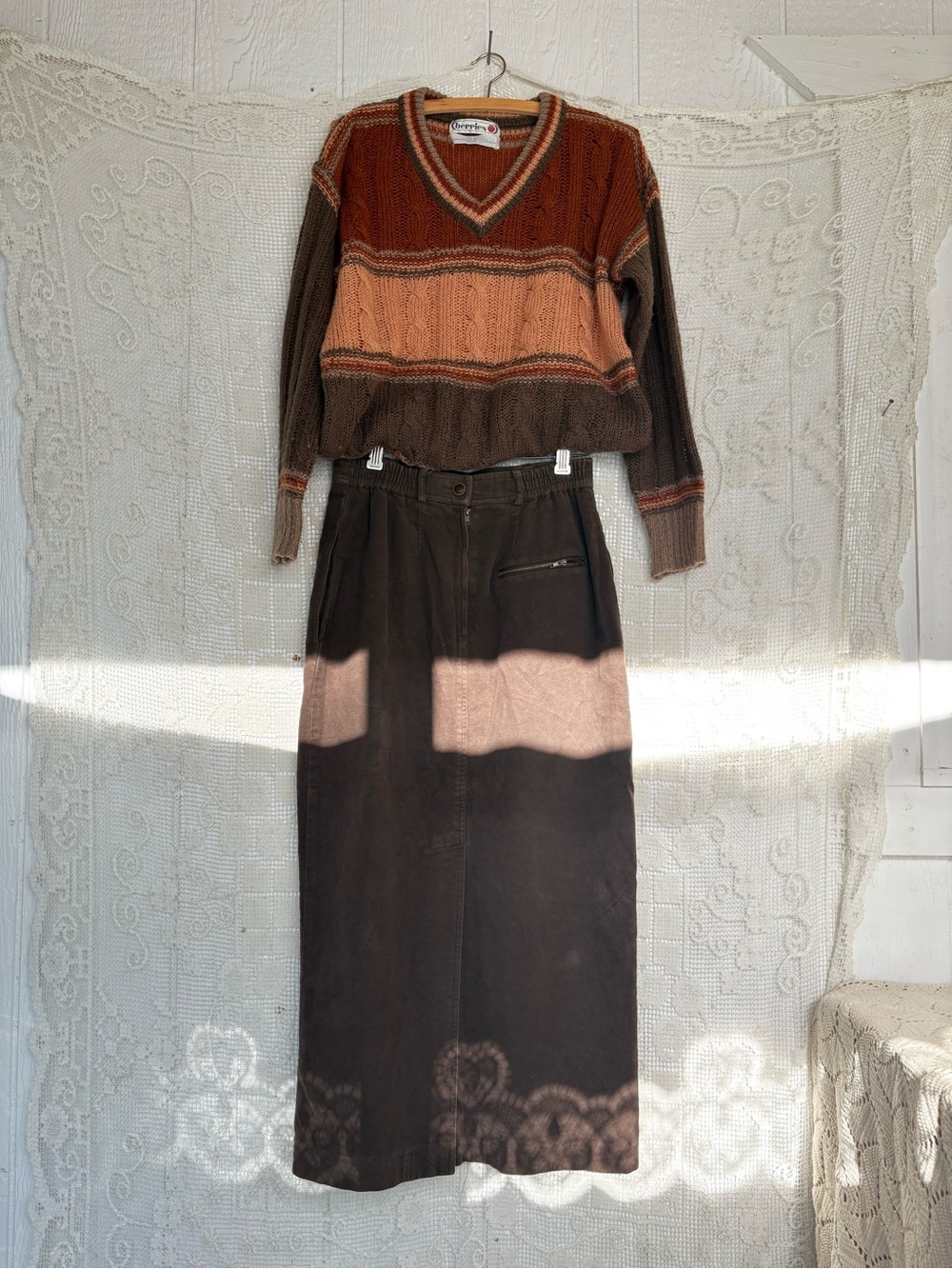 Vintage Brown velvet Midi Skirt with Zip Pocket 100%Cotton